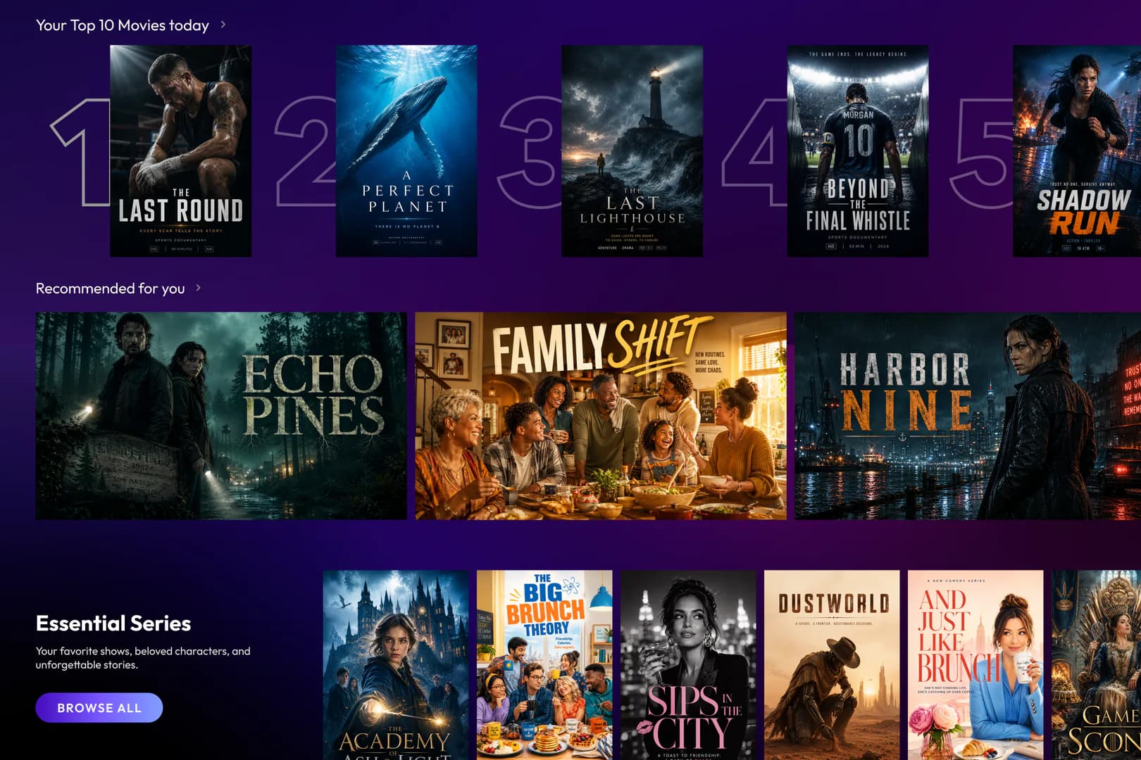 TV2Z platform home screen with a Top 10 movies row, recommendations and a series collection