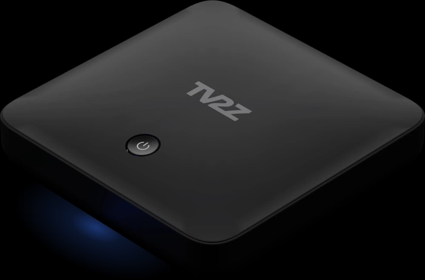 The TV2Z Play One set-top box against streaks of blue light