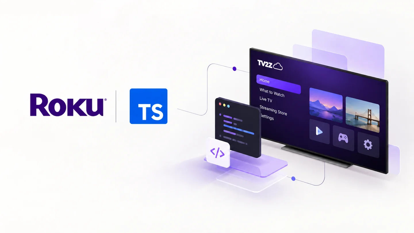 Roku and TypeScript logos beside a TV2Z streaming interface and development tools